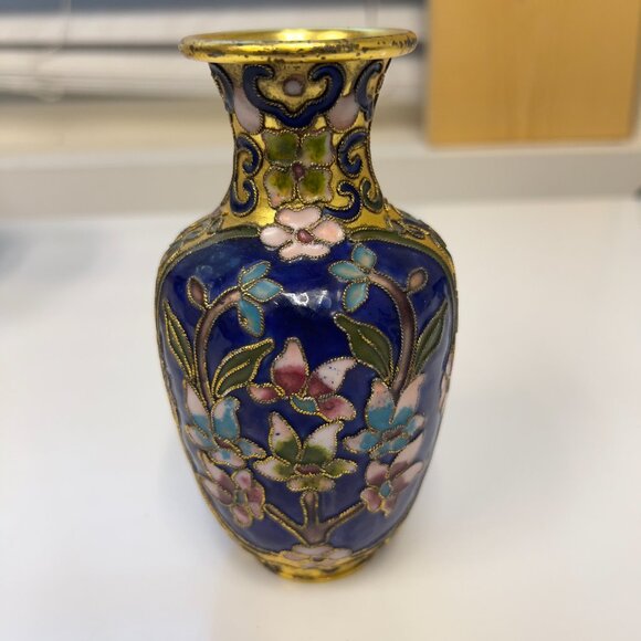 Other - Vintage Cloisonné Vase Enamel On Metal Colorful Bright Florals Cobalt Blue 6”